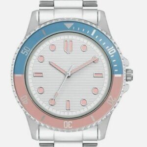 Time and Tru Silver Bracelet White Round Pink & Blue Bezel Casual Ladies Watch